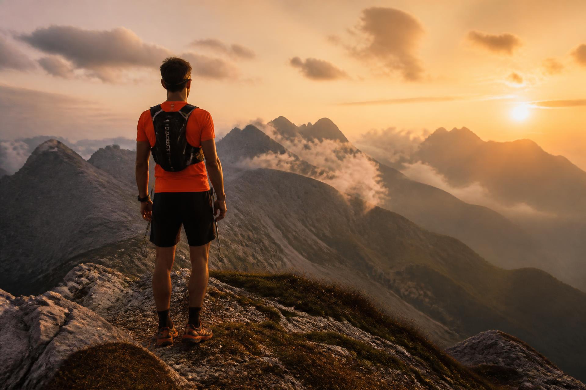 Trail runner sulle montagne al tramonto